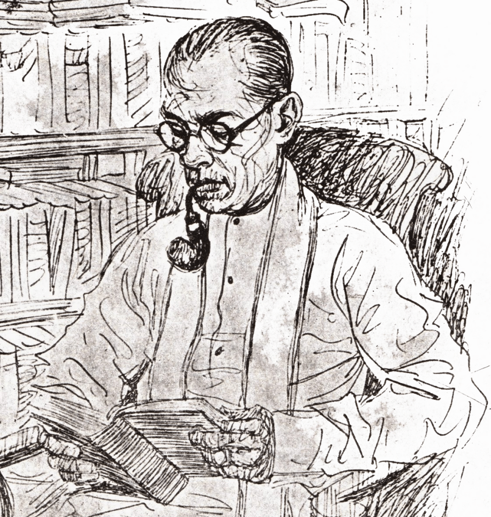Hand-drawn portrait of S.W.R.D. Bandaranaike, Sri Lankan statesman, depicted in profile with swept-back hair, a composed gaze, and traditional white attire against a plain background.